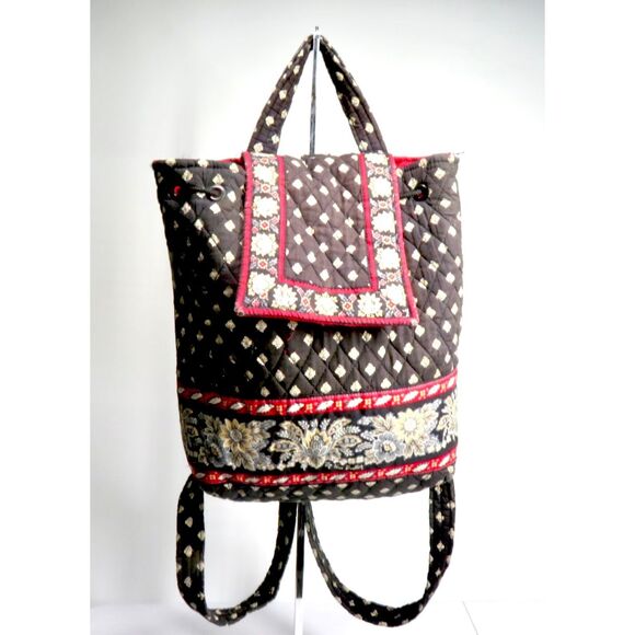 Vera Bradley MIMI Backpack Floral Black Red Retired Pattern Cotton Drawstring - Picture 1 of 6